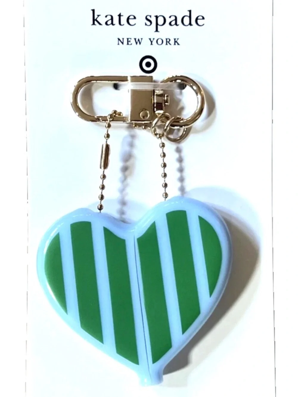 kate spade green & white striped heart keychain/coin purse NWT